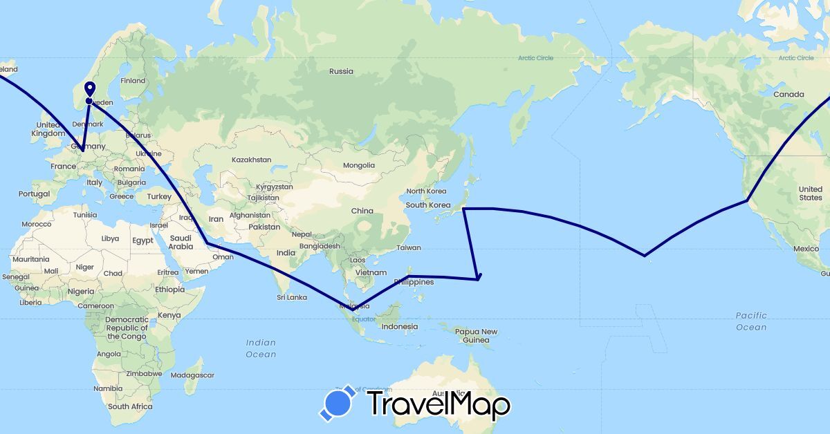TravelMap itinerary: driving in Germany, Japan, Malaysia, Norway, Philippines, Qatar, United States (Asia, Europe, North America)